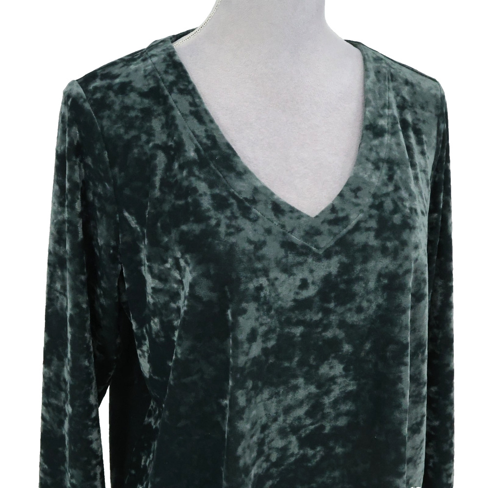 J Jill Top Womens Medium Green Crushed Velvet Blouse Stretch Pullover V neck - Picture 6 of 12